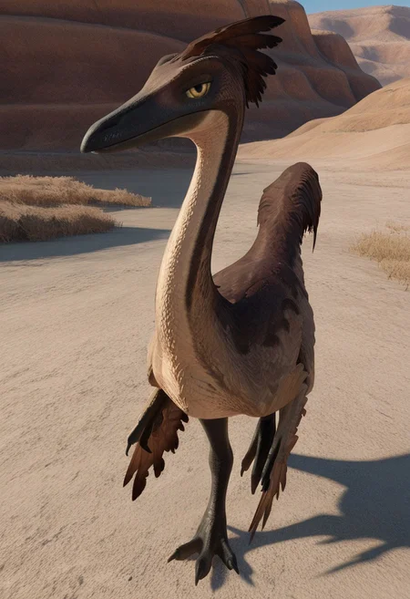 1girl, highres, absurdres, newest, masterpiece, best quality, furry, small tail, claws,
pelecanimimus, dinosaur,brown feathered, brown skin, yellow eyes, claws, long neck, 3 fingers, 3 toes,, detailed eyes, professional lighting, solo, smug, looking_at_viewer, masterpiece, desert