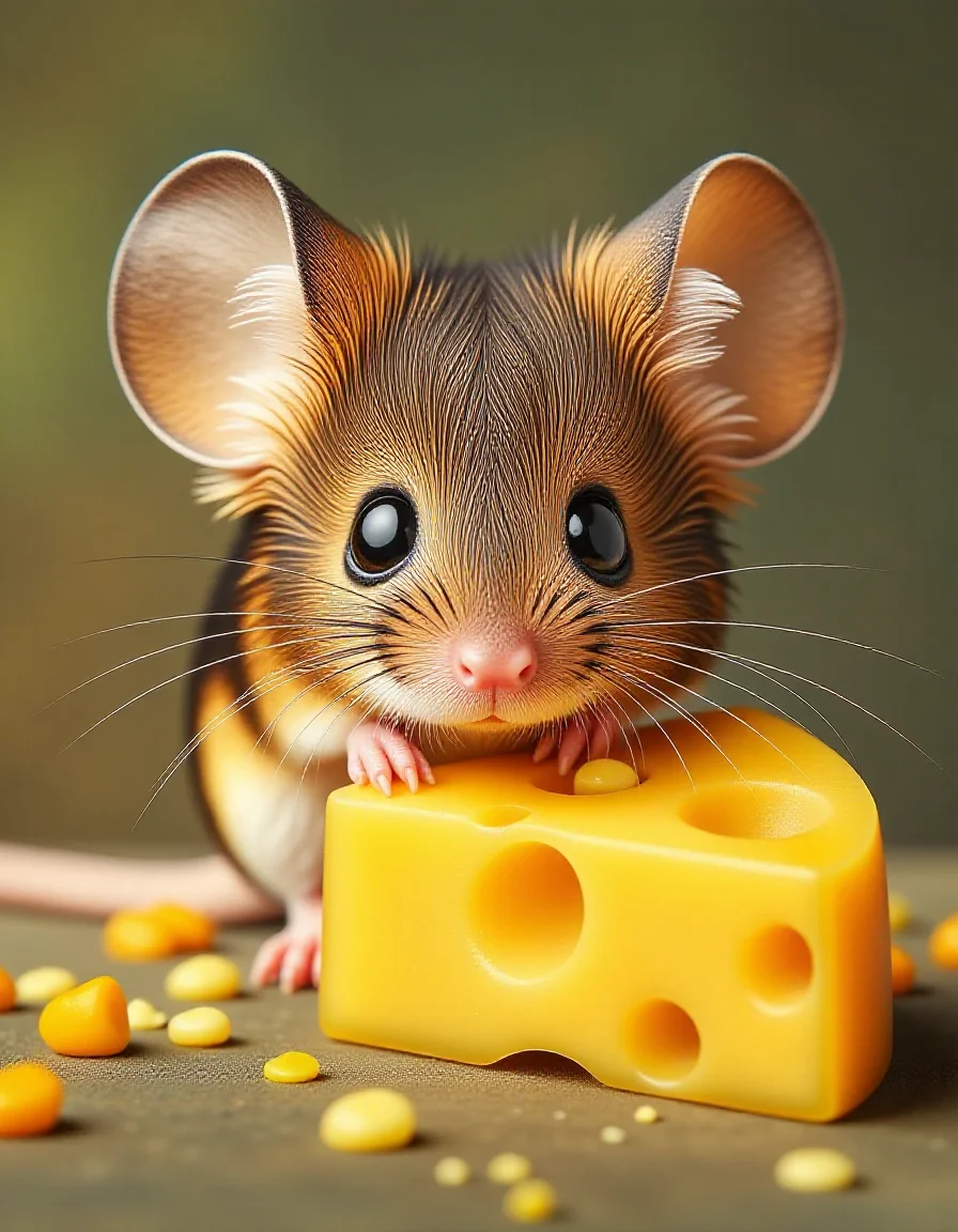 small zhibi mouse, cute, munching on a way too big cheese <lora:zhibi_flux:1>