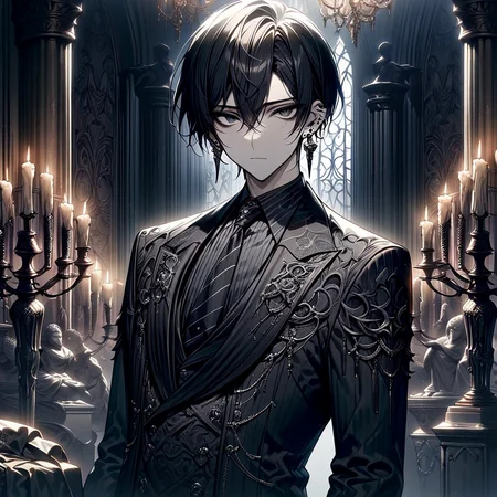 masterpiece,high resolution,detailed,
gothicstyle, 1boy, male focus, candle, black hair, jewelry, solo, candlestand, earrings, looking at viewer, indoors, formal, shirt, necktie, hair between eyes, short hair, suit, jacket, bangs, collared shirt, upper body, striped, black jacket, closed mouth, statue
, <lora:Ghotic_haunted_world:0.8>