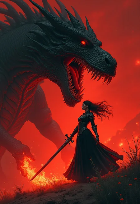Beautiful female vampire knight slaying a gigant dragon with fiery sword piercing its belly with fiery sword, epic scene, woman triumphs over dragon, legendary image, high fantasy, horror
• overlay red, high contrast, deep shadows, surreal, creepy ultra detailed, lyrical, darkness, things, suspenseful.
• high red contrast, deep red shadows, red landscape surreal. scifi, film grain texture noise ,analog photography aesthetic.
