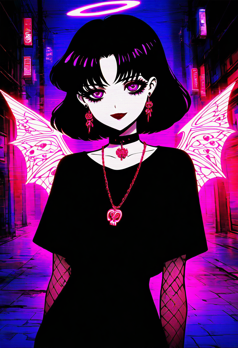 (masterpiece, best quality, good quality, very aesthetic, absurdres),    1girl, solo, eyelashes, (beautiful eyes),   pink neon, goth,  red hair, curvy, glowing, cowboy shot, city, neon, fishnets, cyberwings, (glitch), torn clothes, horns, halo, 1girl, solo, looking at viewer, smile, short hair, bangs, shirt, black hair, jewelry, closed mouth, purple eyes, earrings, choker, necklace, parted bangs, black shirt, black choker, lipstick, portrait, red lips, anime coloring, tomoe hotaru, looking at viewer, short hair, black hair, closed mouth, purple eyes, parted bangs, black shirt, black choker, red lips, anime coloring, tomoe hotaru ,<lora:GothRetroNAI:1.0>,