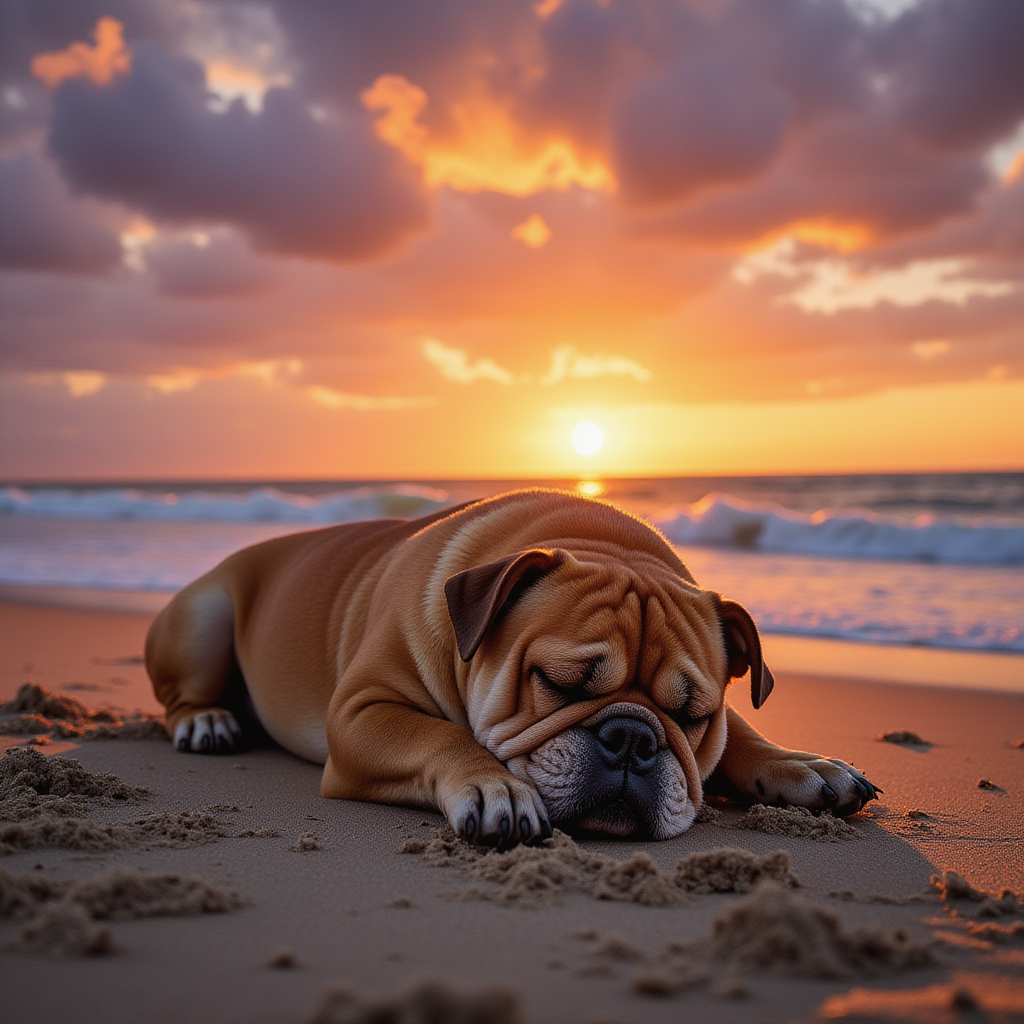 Title: "Sunset Snooze: A Bulldog's Beach Day"
In this warm and inviting image, a content bulldog can be seen enjoying a peaceful sunset on a sandy beach. The dog's wrinkled skin and squashed face are relaxed in a deep sleep, giving it an adorable and endearing appearance. Its stout body is sprawled out on the sand, with its short legs stretched out in front and behind. The sand is a soft and soothing contrast to the dog's rough and tough exterior.
The sky above is filled with a vibrant array of colors, from deep purples and blues to fiery oranges and yellows. The sun is just beginning to dip below the horizon, casting a warm and golden glow over the entire scene. The ocean waves can be heard crashing gently in the background, adding to the tranquility and serenity of the moment.
This photograph captures the simple joys of life, from the beauty of a sunset to the comfort of a peaceful nap. It reminds us to slow down and appreciate the small moments of happiness that come our way. Whether you're a dog lover or simply a fan of beautiful sunsets, this image is sure to bring a smile to your face.