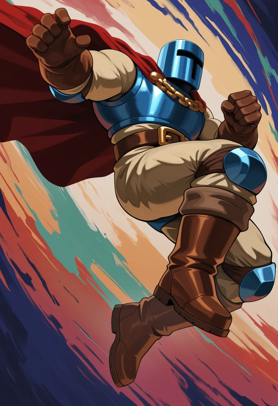 solo, 1boy, male focus, jmpk1ng, helmet, armor, breastplate, knee pads, boots, red cape, chain, belt, muscular, multicolored background, abstract background, jumping, dutch angle,
perfect anatomy, masterpiece, perfect quality, best quality, detailed, newest, very aesthetic, very awa,