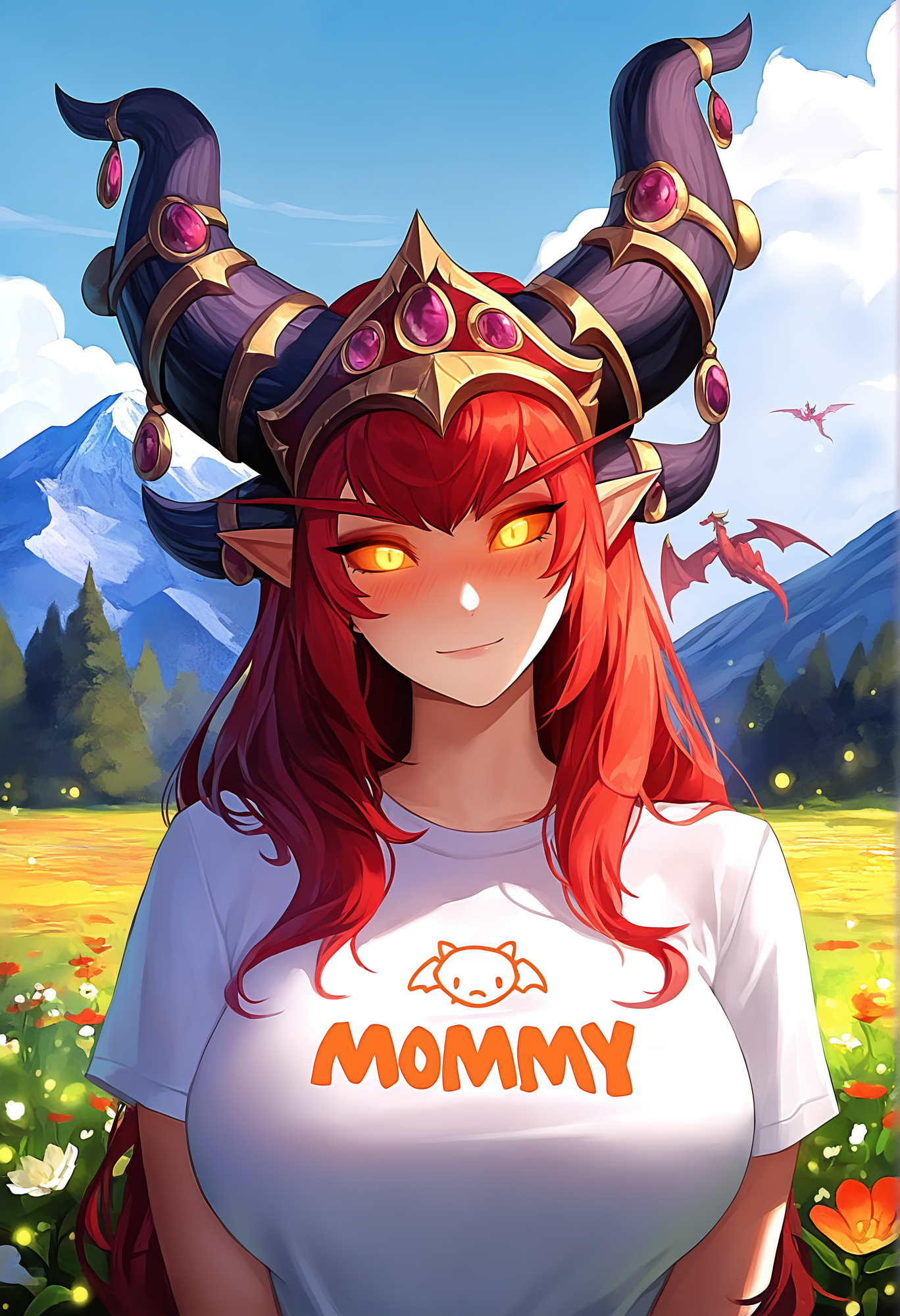 masterpiece, best quality, highres, absurdres, very awa, bloom, shadow, sidelighting, 
Alexstrasza, portrait, V,
1girl, long pointy ears,
blush, looking at viewer, light smile, head tilt, 
red hair, yellow eyes, orange sclera, glowing eyes, horn ornament, earrings,
large breasts, t-shirt, text on t-shirt: "mommy",
mountain, sky, clouds, tree, flower, garden background, day, summer, small dragon, multiple dragons, fireflies, red dragon
 <lora:Alexstrasza 3216 NoobAIXL Epsilon:1>