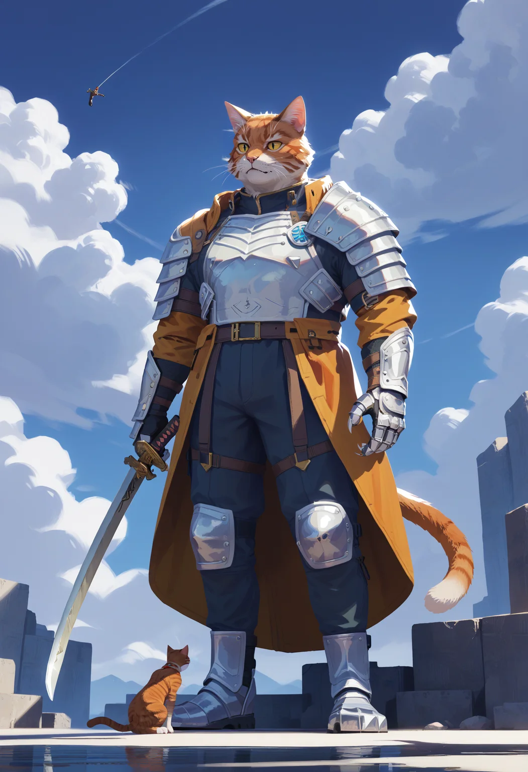 score_9, score_8_up, score_7_up, score_6_up, score_5_up, score_4_up,
<lora:CyberNova:1> cyb3rn0va,
1boy, navel, animal ears, closed mouth, sitting, standing, jacket, tail, yellow eyes, male focus, weapon, outdoors, multiple boys, sky, pants, day, cloud, sword, 2boys, cat ears, looking at another, armor, blue sky, cat tail, no humans, animal, cat, katana, furry, shoulder armor, sheath, colored sclera, sheathed, furry male, size difference, body fur, animal focus, knee pads, giant, fat, yellow sclera, weapon on back, cat boy, whiskers, oversized animal, orange fur