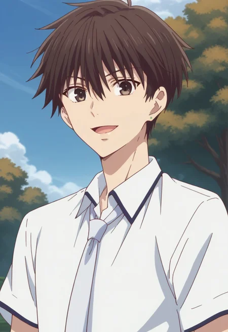 score_9, score_8_up, score_7_up, source_anime, highly detailed,
kakerumanabe, 1boy, male focus, necktie, solo, shirt, white shirt, upper body, brown eyes,
looking at viewer, collared shirt, smile, blue necktie, hair between eyes,
brown hair, open mouth, school uniform, earrings
outdoor, sky, tree