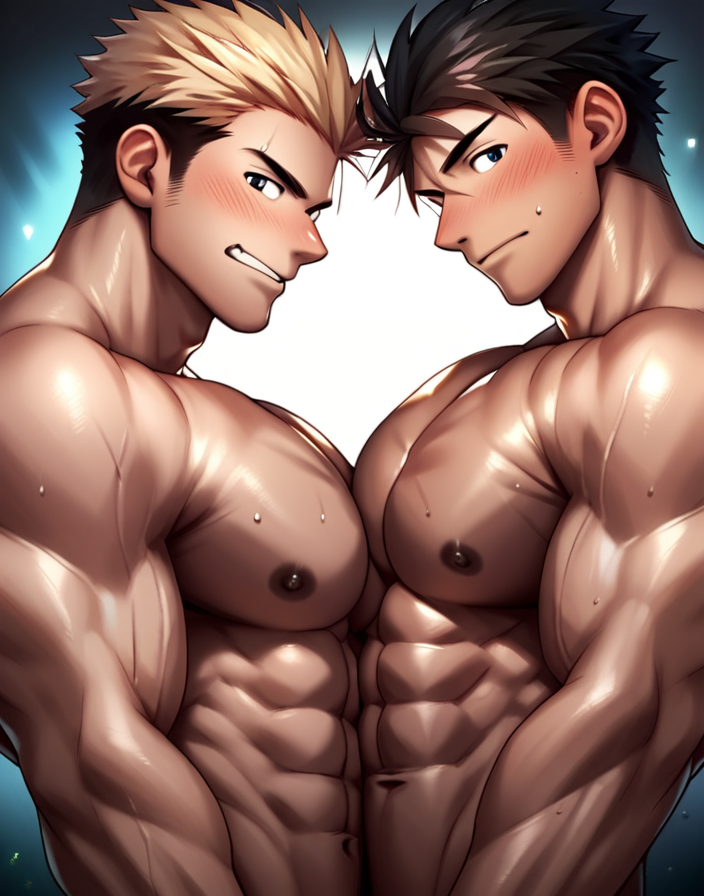 score_9, score_8_up, score_7_up, score_6_up, score_5_up, score_4_up, source_anime, 2boys, side view, pectoral docking, touching pectorals, backlighting, backlit, topless male, <lora:homri40:1> , embarrassed, large pectorals, looking at you, sweat, (big pecs:1.1)
