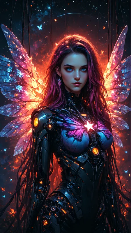 score_9, score_8_up, score_7_up, Jed-dblexpsre effect, double exposure of planets and stars, merged, Jed-dblexpsre, huge spread cyber butterfly wings decorated with wires planets and stars, multicolor dyed hair, very long straight hair, seablue eyes, cyborg girl, cyborg body details, dark space background with planets and stars,