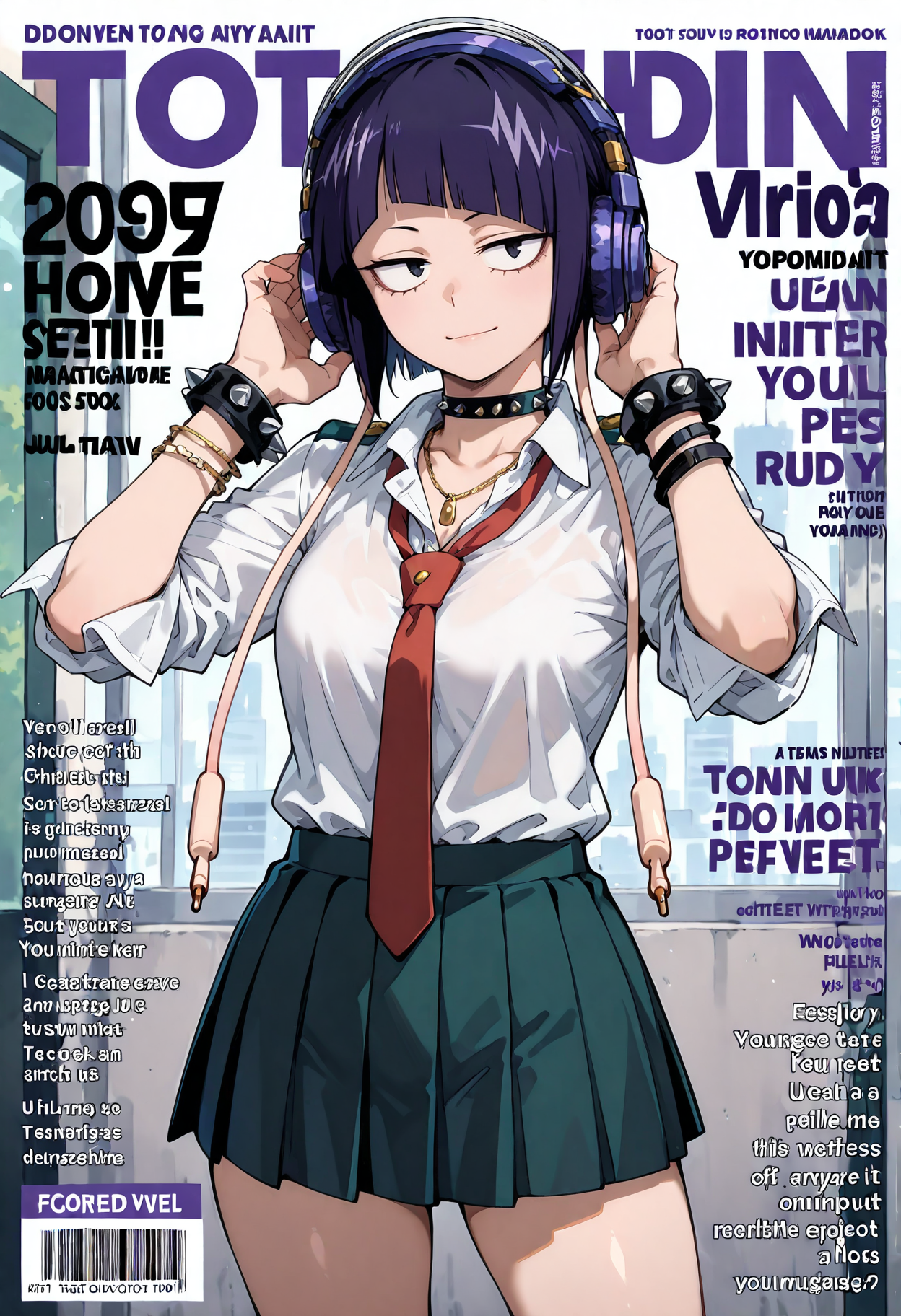 <lora:add-detail-xl:1>,masterpiece,best quality,absurdres,highres,detailed eyes,beautiful,detailed background,perfect eyes,realistic,
<lora:magazine-cover-illustriousxl-lora-nochekaiser:1>,magazine cover,fake magazine cover,english text,cover,fake cover,price,cover page,text focus,barcode,cowboy shot,sexy pose,solo,light smile,
<lora:jiro_kyoka:1>,jiro_kyoka,jirou kyouka,1girl,necktie,skirt,jewelry,bracelet,red necktie,shirt,pleated skirt,headphones,short hair,school uniform,white shirt,bangs,blunt bangs,green skirt,collared shirt,choker,u.a. school uniform,necklace,blue hair,purple hair,sleeves rolled up,wristband,black eyes,collar,dress shirt,loose necktie,blue skirt,miniskirt,long earlobes,wing collar,aqua skirt,spikes,studded collar,spiked bracelet,