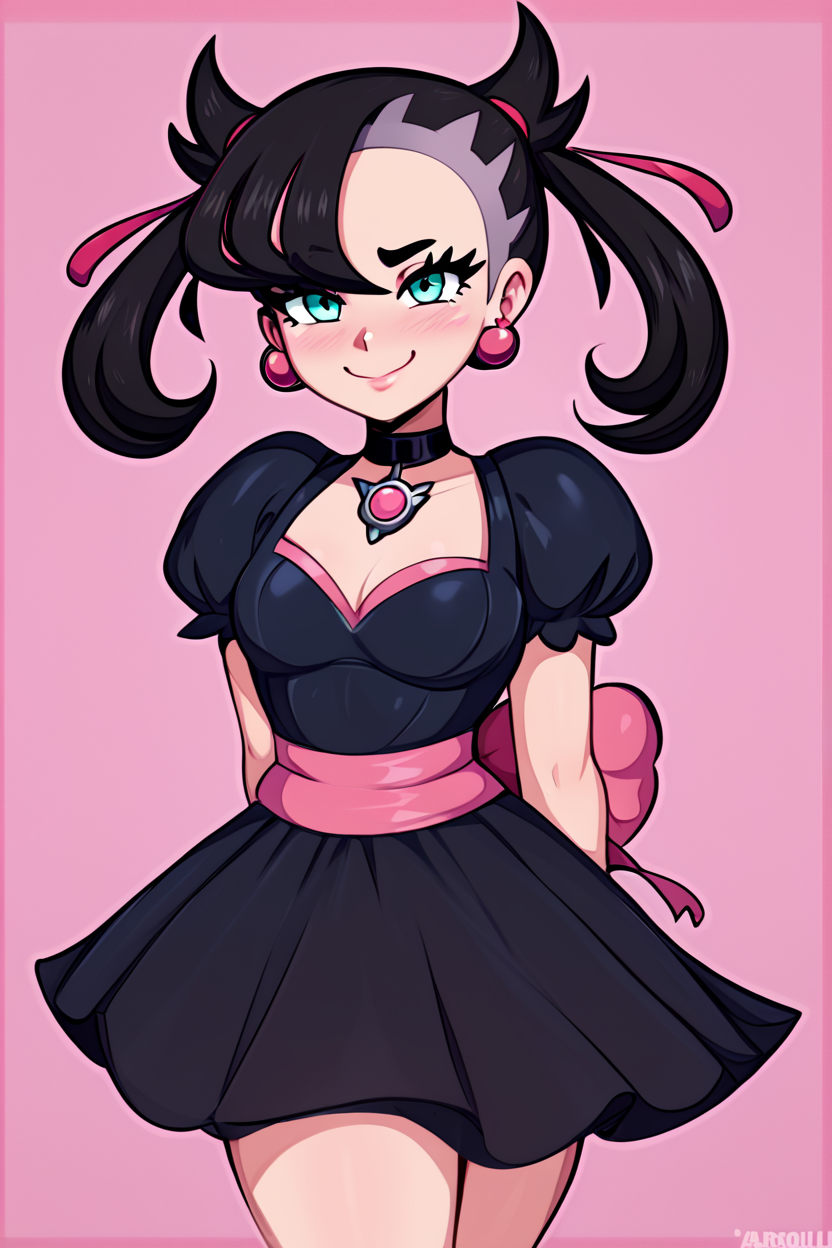 score_9, score_8_up, score_8, medium breasts, (curvy), cute, eyelashes,       BREAK, ,  zzShadowHimeMarnieCitron, super crown, black hair, twintails, asymmetric bangs, crown, black dress,  pink gemstone, pink waist bow, bangs, dress, jewelry, short sleeves, earrings, choker, black dress, black choker,    <lora:ShadowHimeMarnie_CitronOC_PDXL_v2:0.8>,, BREAK, <lora:Afrobull_PDXL_v4:0.8>,  ,,, BREAK, smile, looking at viewer, closed mouth, cowboy shot,  ,,, embedding:zPDXL, Expressiveh, ,,, <lora:SDXLFaeTastic2400:0.5>, <lora:Expressive_H-000001:0.4>,