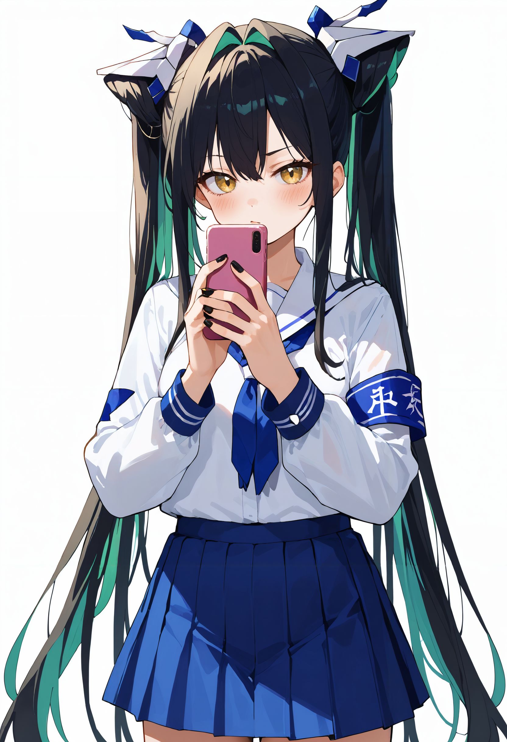 score_9,score_8_up,score_7_up, <lora:little_mermaid_nikke_pdxl_goofy:1> lilmernikke, 1girl, accessories, armband, black hair, black nails, blue ribbon, blue skirt, blush, cellphone, cowboy shot, folded hair, yellow eyes, green hair, hair intakes, hair ornament, holding, holding phone, long hair, long sleeves, looking at viewer, multicolored hair, nail polish, phone, pleated skirt, ribbon, school uniform, shirt tucked in, simple background, skirt, smartphone, solo, streaked hair, twintails, very long hair, white background