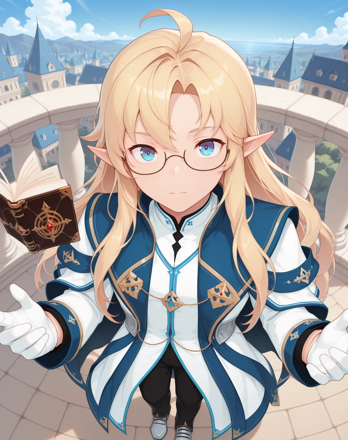 masterpiece, amazing quality, best quality, absurdres, very aesthetic,
1boy, solo, yaoi, male focus, full body, from above, standing, looking at viewer, face focus,
<lora:Grandiel_Default_ilxl:1> grandieldefault, pointy ears, blonde hair, long hair, glasses,blue eyes, ahoge, elf, semi-rimless eyewear, hair between eyes, parted bangs,
white gloves, white coat, long sleeves, robe, blue coat,white jacket, shirt, sleeve cuffs, layered clothes,
shoes, grey footwear, black pants, white footwear,
floating book, floating object, open book,
outdoors, day, blue sky,