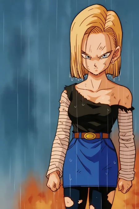 source_anime, score_9, score_8_up, score_7_up, anime screencap,
detailed face, android 18, classic look, 1girl, solo, looking at viewer, short hair, blue eyes, blonde hair, collarbone, standing, arms by side, angry, cowboy shot, fire, smoke, ruined city, wet hair, rain, torn shirt, single bare shoulder, hoop earrings, black shirt, striped sleeves, belt, denim skirt, black pantyhose, messy hair, 
<lora:c18_pony_v1:0.8>