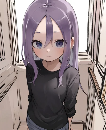 sketch, 1girl, solo, purple hair, blue eyes, black shirt, standing, white background <lora:YamamotoSouichirou-000049:1>