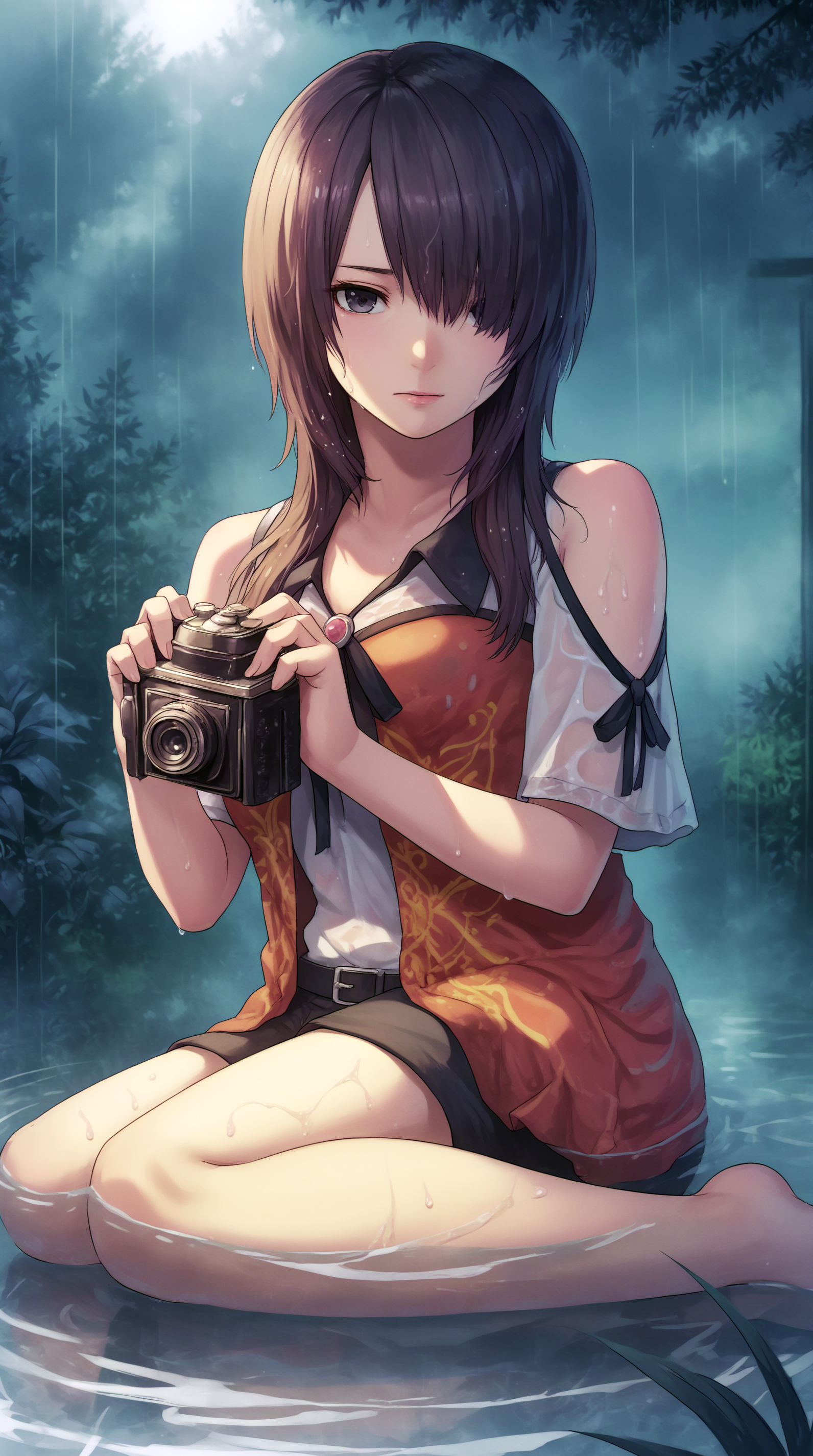 score_9, score_8_up, score_7_up, best background, detailed background, 4k, upscale, anime_source  Yuri Kozukata, Main Outfit, solo, sitting, water, hair over one eye, wet, rain, camera, holding camera  <lora:JN_Yuri_Kozukata_Pony:0.8>