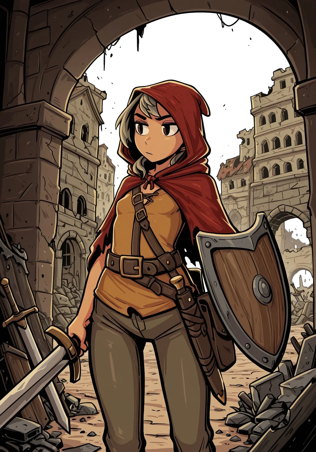 masterpiece,high quality,1girl, solo, lonarpg, char-lona, small breasts, ruins, town, hood up, sword, shield, fantasy, pants
