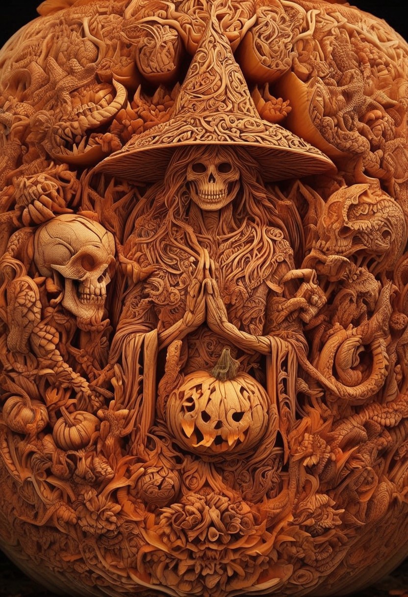 pumpkarv, an intricately detailed image of a beautiful witch,  highly detailed intricate pumpkin art skulls surround the edges
