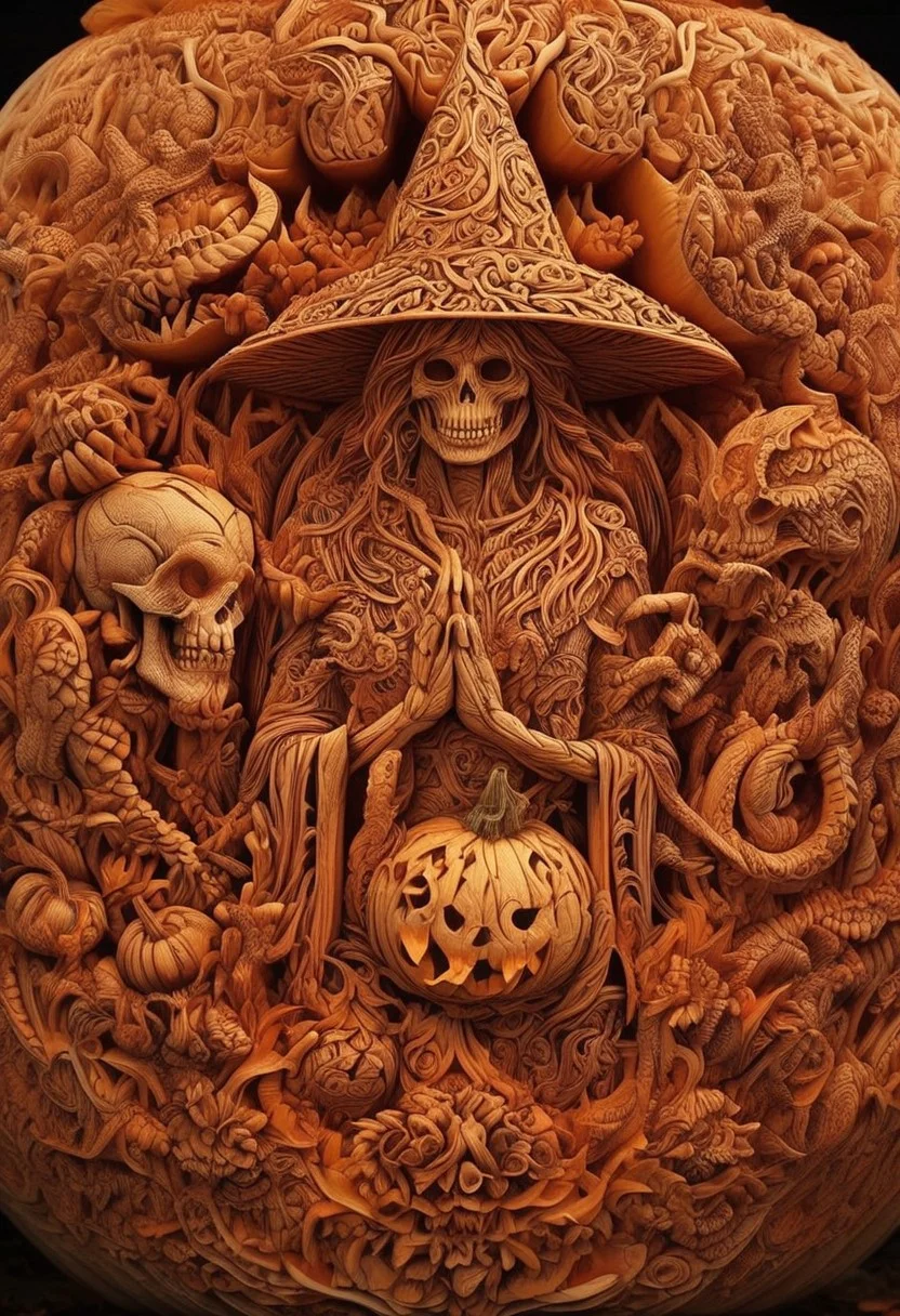 pumpkarv, an intricately detailed image of a beautiful witch, highly detailed intricate pumpkin art skulls surround the edges