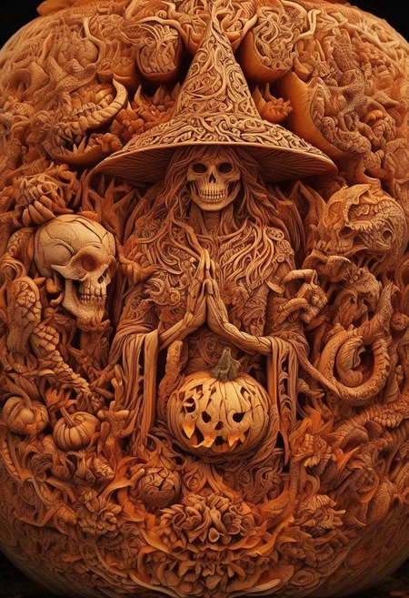 pumpkarv, an intricately detailed image of a beautiful witch,  highly detailed intricate pumpkin art skulls surround the edges