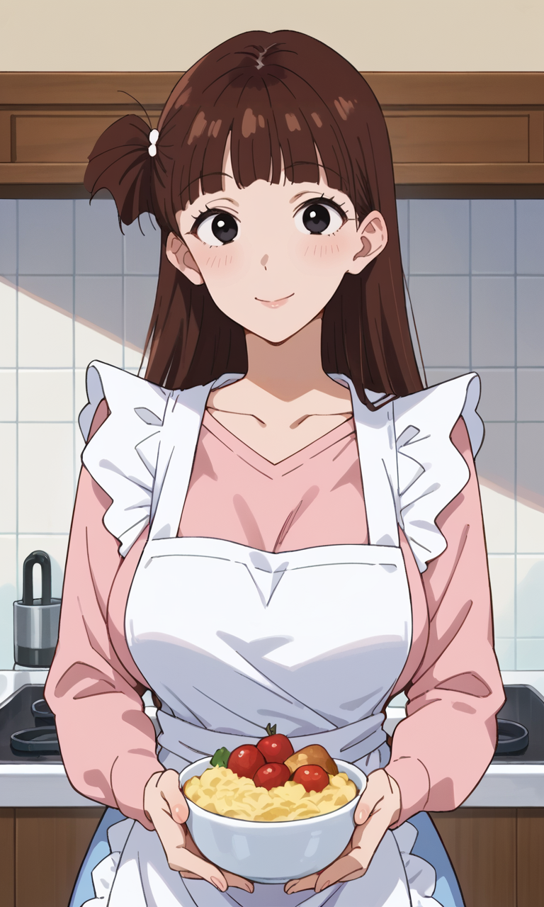 (1girl:1.5), (solo:1.3), (score_9, score_8_up, score_7_up, score_6_up, score_5_up, score_4_up), (source_anime), rating_questionable, looking at viewer, (upper body:1.3), smile, indoors, kitchen, cooking, 
(sakurada-moeko), (black eyes, eyelashes, brown hair, long hair, parody hair, voluminous bangs, fluffy bangs, mature female), (white frilled apron, full-cover apron, pink shirt, long sleeves, light blue skirt), (huge breasts, wide hips, thick thighs), <lora:sakurada-moeko_v1:0.8>,