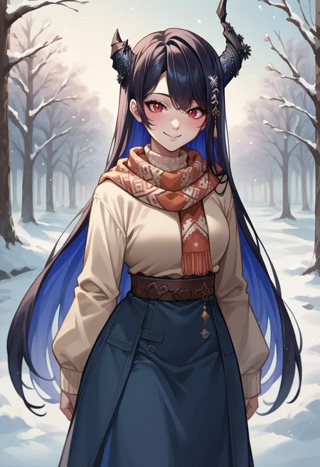 score_9, score_8_up, score_7_up, source_anime, 1girl, solo, NerissaRavencroft, colored inner hair, black hair, blue hair, red eyes, slit pupils, uneven horns, long hair, turtleneck sweater, long skirt, outdoors, scarf, winter, smile, blush, <lora:ChamNerissaRavencroftPonyXLCame-000008:1>