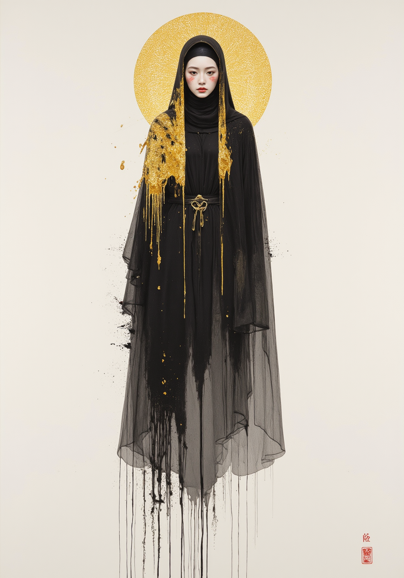 ((Nun)) empress, (,ink,golden ratio)white background,ink painting, minimalism,,Traditional Chinese ink painting,Rice paper,penetration,bleeding texture,,painting by Xu Beihong, by genevieve valentine