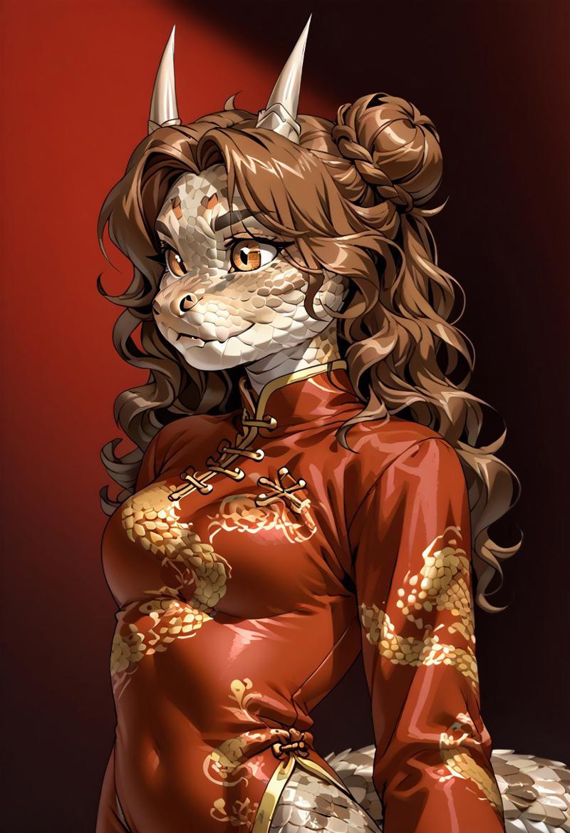 score_9, score_8_up, score_7_up, (by jailbird:1.5), (by kittydee:1.5), (by zummeng:1.5), masterpiece, best quality, (solo),  
(Furry Art: anthro: saharan horned viper:1.5), 1girl, expressive eyes, feminine eyes, <lora:beautiful_detailed_eyes:1>, perfect face, snake, reptile, horned eyebrows, scales, multicolored scales, light brown scales, brown spots, white scales, snake eyes, yellow eyes, (brown hair:1.5), (wavy hair), (chinese hair buns), medium breasts, (chinese style shirt:1.5), (tight pants:1.5),