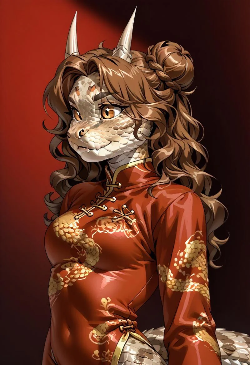 score_9, score_8_up, score_7_up, (by jailbird:1.5), (by kittydee:1.5), (by zummeng:1.5), masterpiece, best quality, (solo),
(Furry Art: anthro: saharan horned viper:1.5), 1girl, expressive eyes, feminine eyes, <lora:beautiful_detailed_eyes:1>, perfect face, snake, reptile, horned eyebrows, scales, multicolored scales, light brown scales, brown spots, white scales, snake eyes, yellow eyes, (brown hair:1.5), (wavy hair), (chinese hair buns), medium breasts, (chinese style shirt:1.5), (tight pants:1.5),