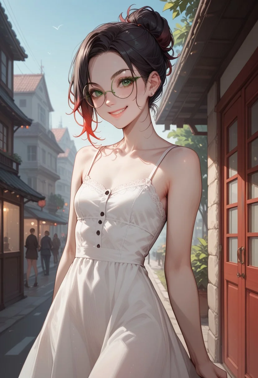 safe_pos, score_9, score_8_up, score_7_up, score_6_up, 1girl, Patty, PattyRH, black hair, hair bun, gradient hair(red-black), green eyes, big round eyeglasses, small breasts, slim, pale skin, dynamic pose, black sundress, outdoors, smiling closed mouth, cowboy shot