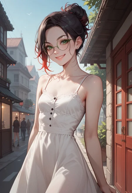 safe_pos, score_9, score_8_up, score_7_up, score_6_up, 1girl, Patty, PattyRH, black hair, hair bun, gradient hair(red-black), green eyes, big round eyeglasses, small breasts, slim, pale skin, dynamic pose, black sundress, outdoors, smiling closed mouth, cowboy shot