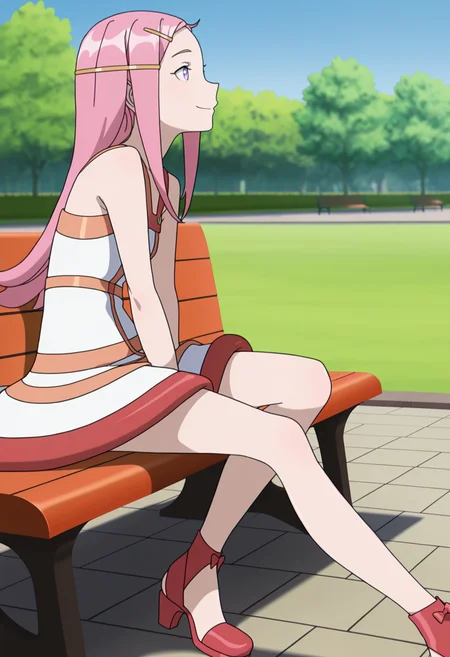 masterpiece, best quality, anime screenshot, anime, 1girl, solo, <lora:Anemone v2 [Illustrious] Eureka Seven:1>, ANES, purple eyes, pink hair, hairclip, sidelocks, long hair, two-tone dress, sleeveless dress, high heels, red footwear, footwear bow, outdoors, smile, blue sky, on bench, park, from side, outstretched leg,