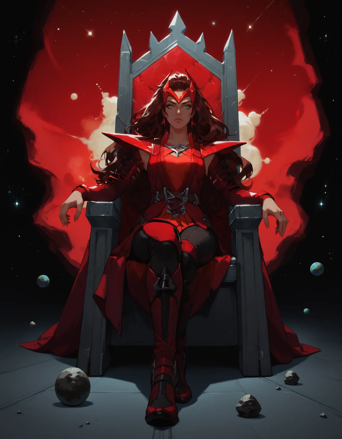 score_9, score_8_up, score_7_up, ScaMarvals, green eyes, sitting, (throne:1.3), looking down, from below, legs together, black pants, red sky,
1girl, solo, long hair, green eyes, (glowing eyes:0.2), looking at viewer, high heel boots, red hair, brown hair, shoulder armor, belt, sleeveless dress,
space, galaxies, stars, floating rock, asteroids,
<lora:ScarWitch- Marvel Rivals_epoch_8:0.9>