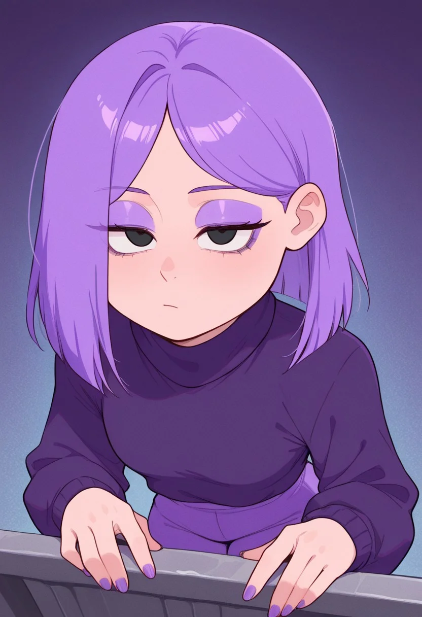 lilyduolingoILL, 1girl, solo, purple hair, black eyes, short hair, long sleeves, dark purple sweater, turtleneck, purple eyeshadow, purple nails, make up, medium hair, bangs, purple pants, hair, purple eyeliner, eyes half closed, emotionless, glossy skin, masterpiece, best quality, amazing quality, very aesthetic, newest, highres, absurdres, halftone, perfect body, shiny skin, high resolution, highly detailed, ultra-detailed, perfect eyes, detail1eye, well-defined fingers, well-defined fingernails, zhu2357,