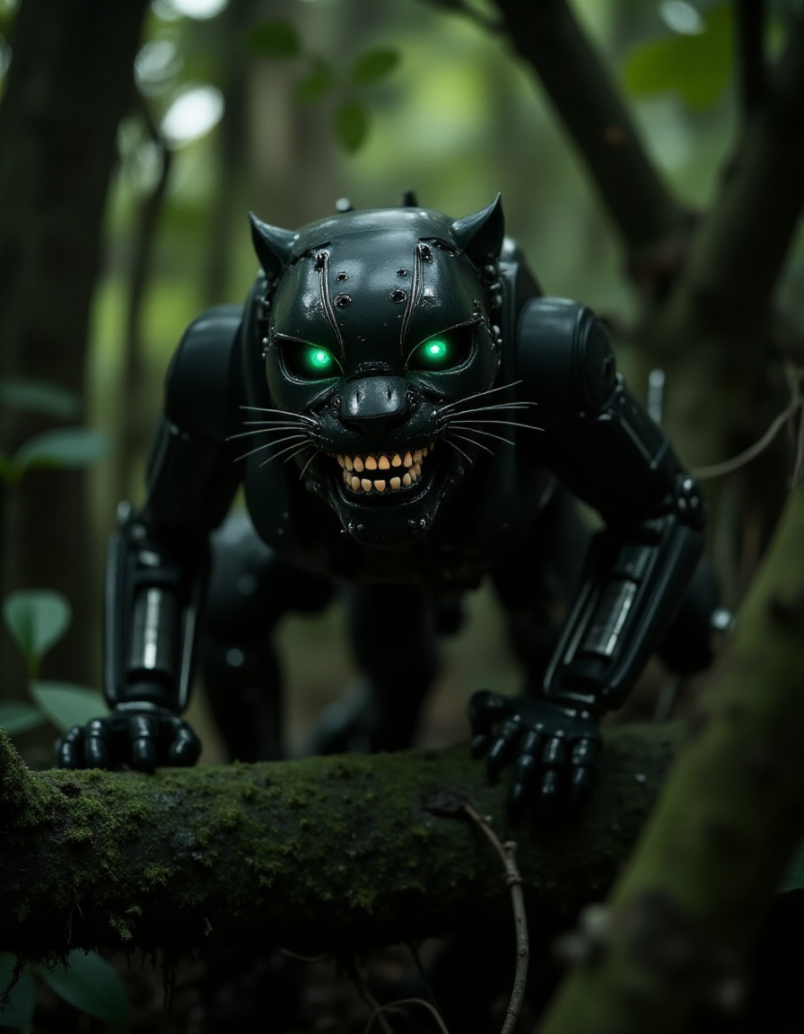 In the depths of a dense rainforest, a robotic jaguar crouches on a moss-covered branch, its emerald-green eyes glowing faintly in the dim light. Its sleek, black steel body blends seamlessly with the shadows, its movements silent as hydraulic joints flex with predatory grace. When its mouth opens in a snarl, the ral-rbotth within are disturbingly realâwet with condensation, slightly uneven, and vividly white against the dark metal of its face. The soft sounds of dripping water and distant bird calls heighten the eerie contrast of this mechanical apex predator.
 <lora:ral-rbotth-flux_000003000:1>