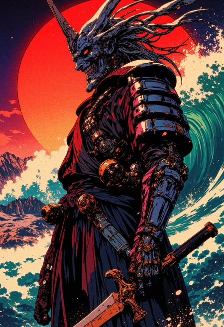 The image is a digital illustration in a detailed, semi-realistic art style with 90s retro cyberpunk anime. The subject is a cyber warrior, wearing a crown of wires and a heavily detailed cyberpunk mask, standing confidently with a cyber katana in hand. In the background, thereâs a stylized, cybernetic version of the famous Hokkaido wave, colored in blue-steel and electrified neon hues. The rising sun behind creates a powerful contrast, with its light cutting through the metallic mist and illuminating parts of the scene. The colors are cold blues and silvers mixed with harsh neon greens and dark shadows. The scene feels both futuristic and intensely foreboding. The perspective is low, with a Dutch angle that makes the scene feel dynamic and oppressive, adding to the sense of power and control.  detailmaximizer, mythp0rt, ne0nfant4sy,