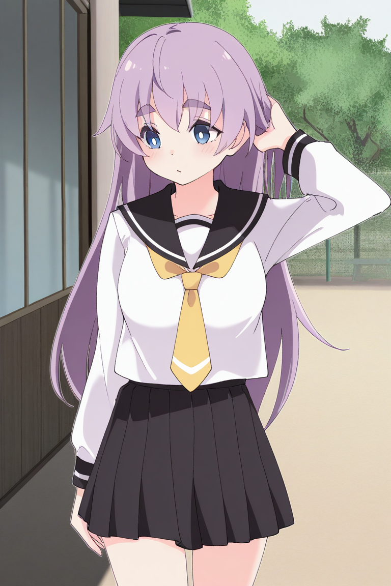 1girl, solo, rinlilustea, purple hair, hair down, straight hair, long hair, blue eyes, thick eyebrows, bright pupils, white shirt, long sleeves, black sailor collar, yellow necktie, black skirt, outdoors, campus, hand on hair, standing, cowboy shot