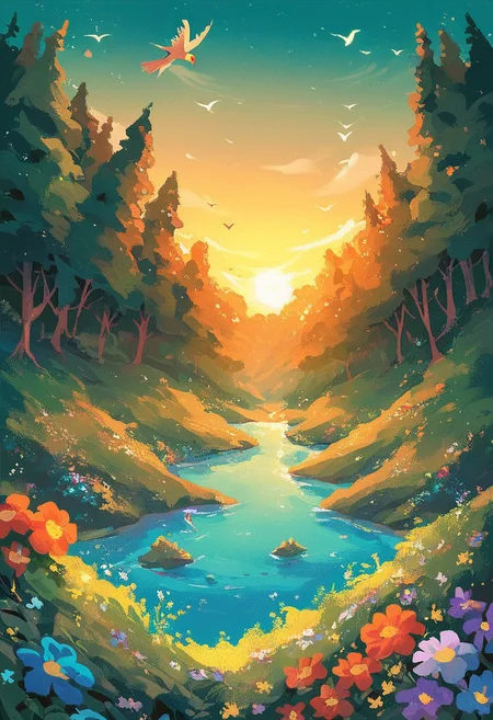 score_9, score_8_up, score_7_up, easynegative, space_backround, trees, sun, river, morning, irisch landscape, bird, flowers, beautiful composition