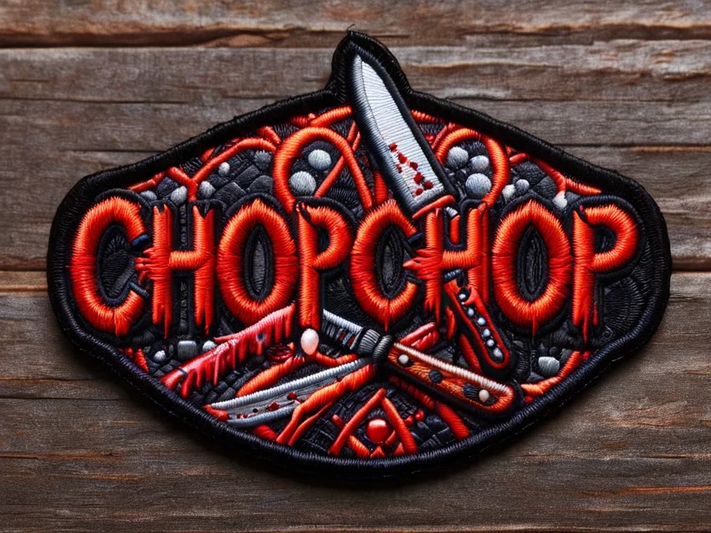 ("chop chop" text logo:1.5), bloody horror theme <lora:ral-embroideredpatch:0.8> ral-embroideredpatch <lora:Harrlogos_v1.1:0.7>, horror mask, shiny knife background