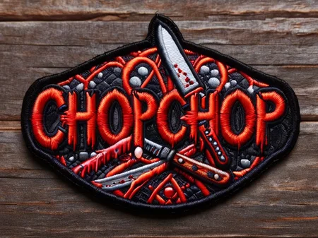 ("chop chop" text logo:1.5), bloody horror theme <lora:ral-embroideredpatch:0.8> ral-embroideredpatch <lora:Harrlogos_v1.1:0.7>, horror mask, shiny knife background