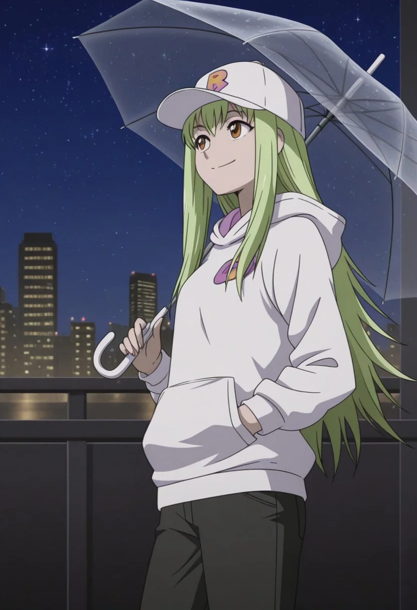 masterpiece,perfect quality,best quality,absolutely eye-catching,absurdres,highres,newest,anime coloring, anime screencap,(1girl,solo), Amber_Teen, Teenager, green hair, brown eyes, long hair, white hoodie, white baseball cap, standing, holding umbrella, hand in pocket, smile, city, tokyo, night, skyline, stars, sky, night sky, starry sky