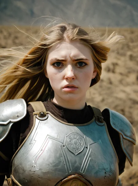 analog photograph of 1girl looking like Betsy_Jones_P_MXAI_SDXL , wearing full plate armor, in a battlefield, windblown hair, smudges, dirt, windblown hair, filmgrain