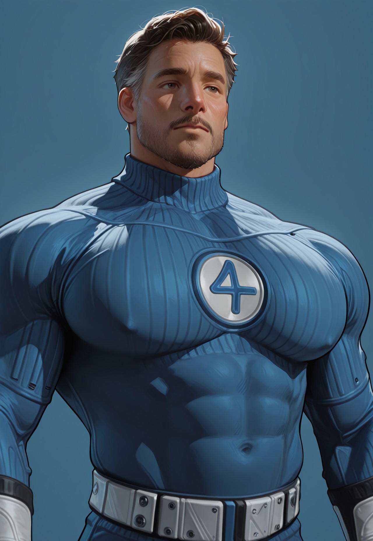 R33D, male, solo, Facial hair, white gloves, white belt, white boots, blue bodysuit, upper body, big pecs, large pecs, small waist, pec focus, tight clothes


Simple background, simple lighting, cinematic, blue background 

Realistic, very awa, masterpiece, best quality, absurdres, newest, perfect quality, detailed background, intricate details, 