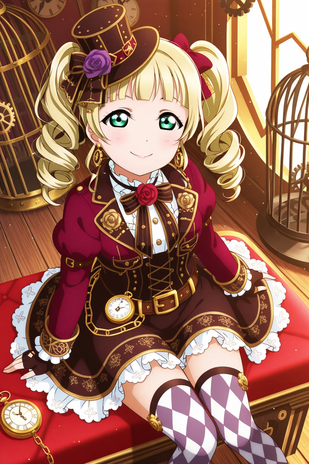 <lora:Love_Live:1>, Love Live, 1girl, steampunk, drill hair, hat, solo, blonde hair, top hat, rose, flower, twin drills, gears, gloves, cage, twintails, thighhighs, smile, chain, sitting, looking at viewer, fingerless gloves, purple rose, green eyes, birdcage, dress, jewelry, long sleeves, earrings, clock, belt, argyle legwear, purple flower, wooden floor, pocket watch, ribbon, red rose, blunt bangs, long hair