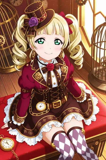 <lora:Love_Live:1>, Love Live, 1girl, steampunk, drill hair, hat, solo, blonde hair, top hat, rose, flower, twin drills, gears, gloves, cage, twintails, thighhighs, smile, chain, sitting, looking at viewer, fingerless gloves, purple rose, green eyes, birdcage, dress, jewelry, long sleeves, earrings, clock, belt, argyle legwear, purple flower, wooden floor, pocket watch, ribbon, red rose, blunt bangs, long hair