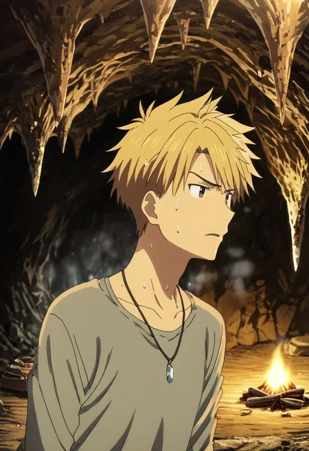 high resolution, solo, best quality, 1Boy, Yamato Ishida, Blond Hair, Necklace, cave, cold, bonfire, OverallDetail