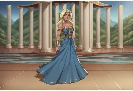 safe_pos, score_9_up, score_8_up, score_7_up, Antiope, solo, 1woman, long hair, blonde hair, blue eyes, makeup, lipstick, dress, Greek dress, bracers, armlet, scars, face scar, eye scar, full body, looking at viewer, best quality, defined, cleavage, outdoors, tropical island