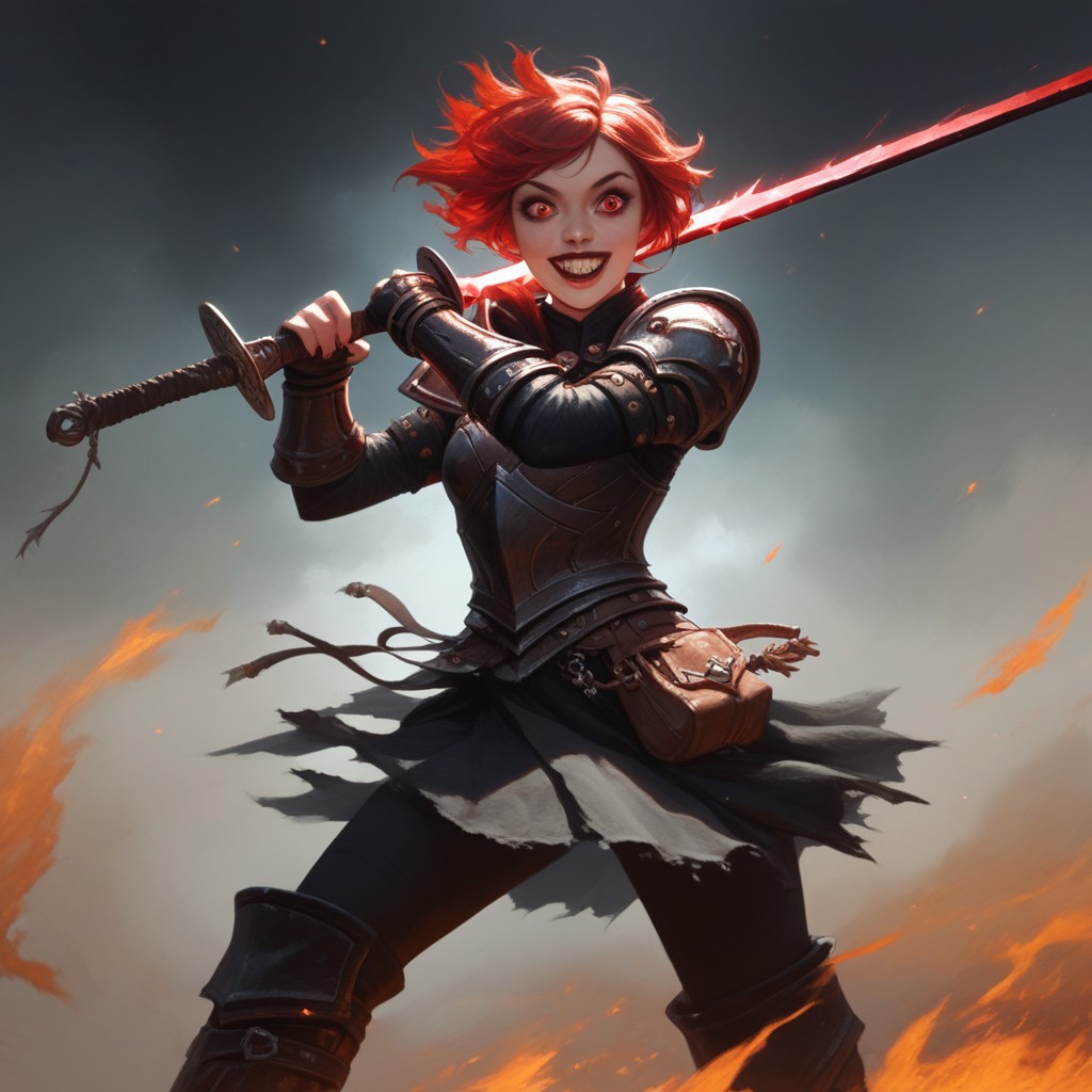 score_9, score_8_up, score_7_up, pathfinder portrait, solo, 1girl, red hair, short hair, red eyes, crazy eyes, small iris, black armor, black gauntlets, black short skirt, black armored skirt, black long boots, metal boots, villainess, slim body, small breasts, standing, crazy expression, big smile, fire sword, fire background, realistic, dynamic, detailed, masterpiece,, Expressiveh