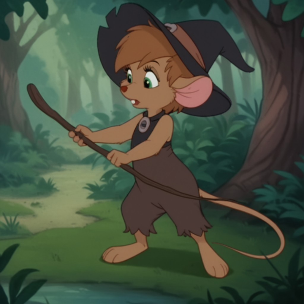 score_9, score_8_up, score_7_up, score_6_up, score_5_up, score_4_up, source_furry, abigailouafv2, semi-anthro, female, mouse, brown fur, green eyes, brown hair, short hair, witch costume, forest