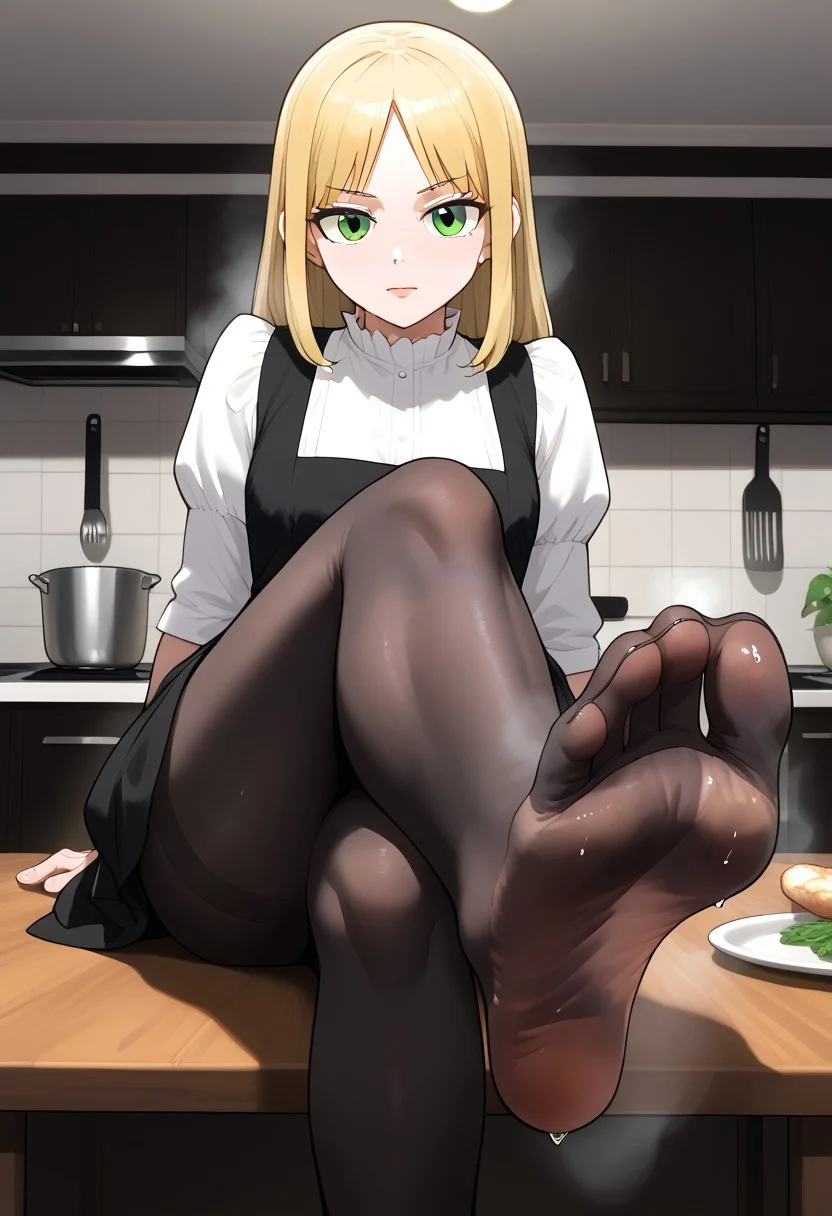 dress, white socks, sfw, crossed legs, sitting on table, kitchen, , green eyes, , black pantyhose, soles, steamy soles:1.8, sweaty feet:1.2, lumima, blonde hair, housewife