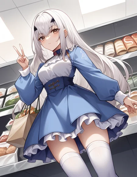 score_9, score_8_up, score_7_up, source_anime, <lora:fgo-melusine-ponyxl-lora-nochekaiser:1>, melusine, brown eyes, long hair, white hair, sidelocks,, blue dress, dress, frills, long sleeves, thighhighs, thighs, white thighhighs,, grocery store, cashier, shopping bag, scanning items, small talk, everyday routine, , looking at viewer, hand making a peace sign, solo,, cowboy shot, dutch angle